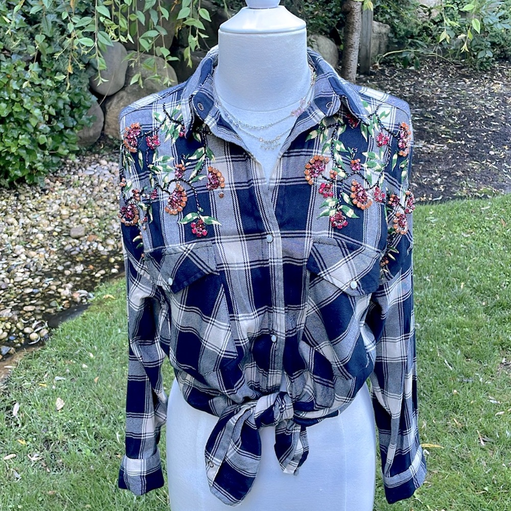 ZARA BASIC DENIM EMBELLISHED BLUE PLAID LONG SLEEVE TOP -XS ππ€© - Picture 2 of 12